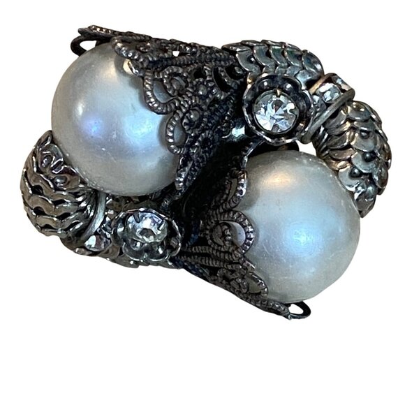 Vintage Napier Silver Tone Clip-On Earrings With Faux Pearls & Rhinestones - Picture 2 of 10